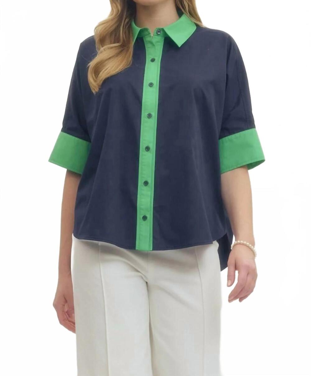 NEW ENTRO solid short sleeve top in navy